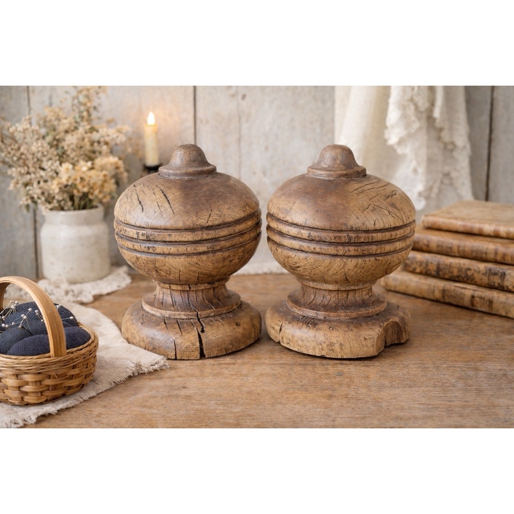 Antique Primitive Wood Bookends – Hand-Carved Rustic French Country Cottagecore